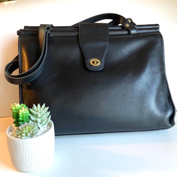 Vintage Genuine Black Leather Green Fields Briefcase Laptop Bag - Picture 12 of 12